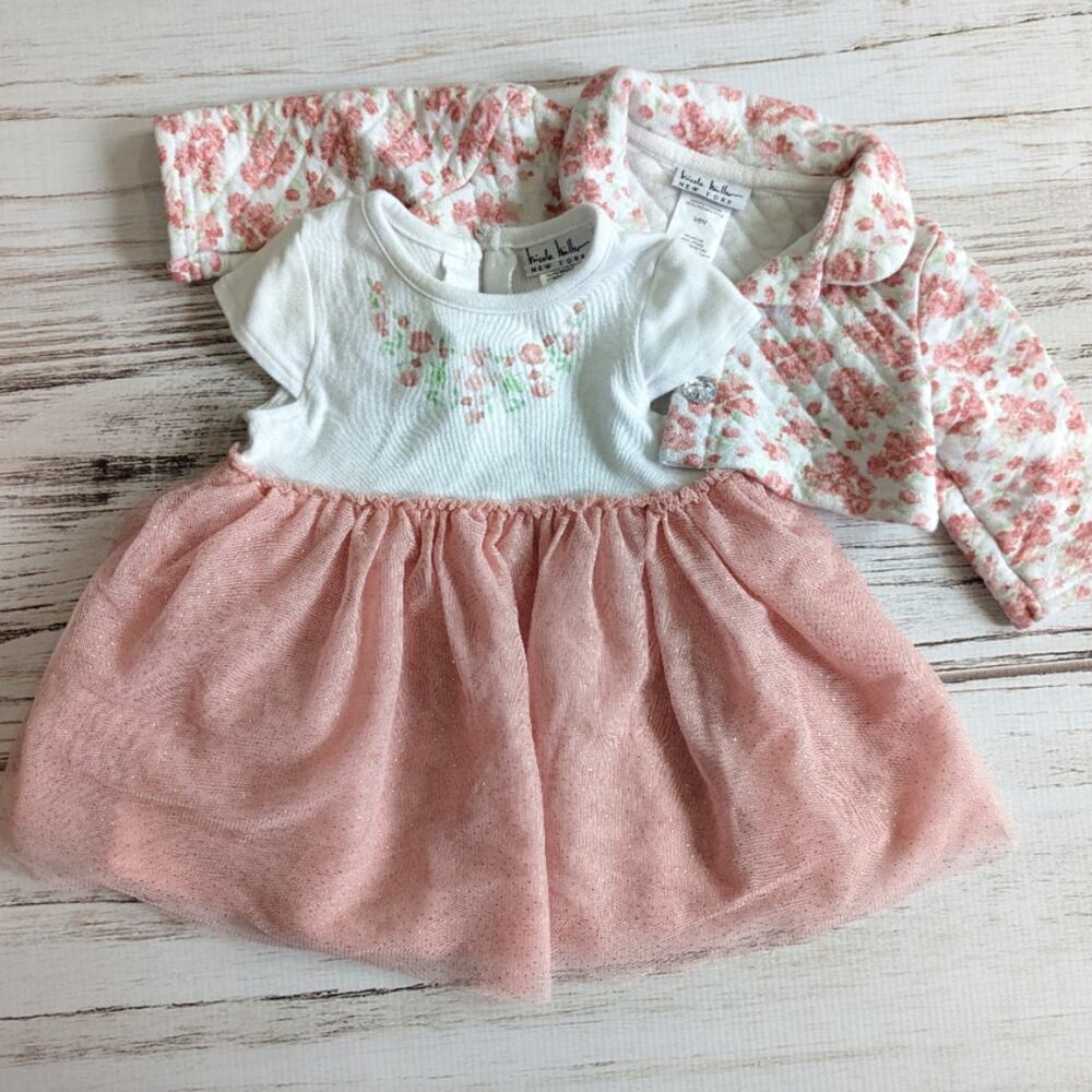 Nicole Miller 2 piece Baby Girl Floral Tulle Dress and Quilted Jacket set 3/6M